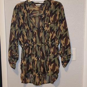 Camo 3/4 sleeve sheer blouse